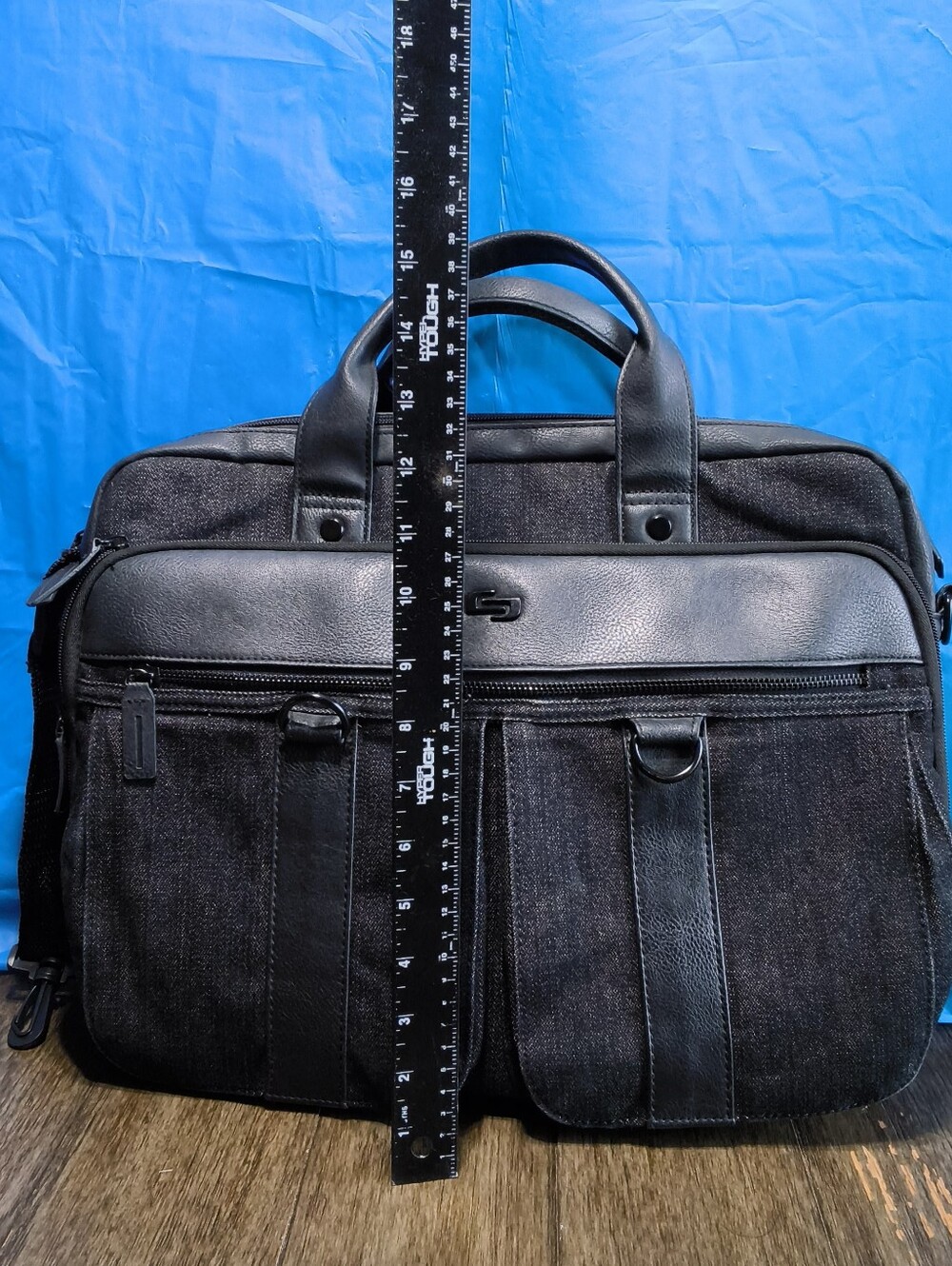 Solo New York Laptop Briefcase Messenger Bag Black Denim Faux Leather Business - Picture 5 of 9
